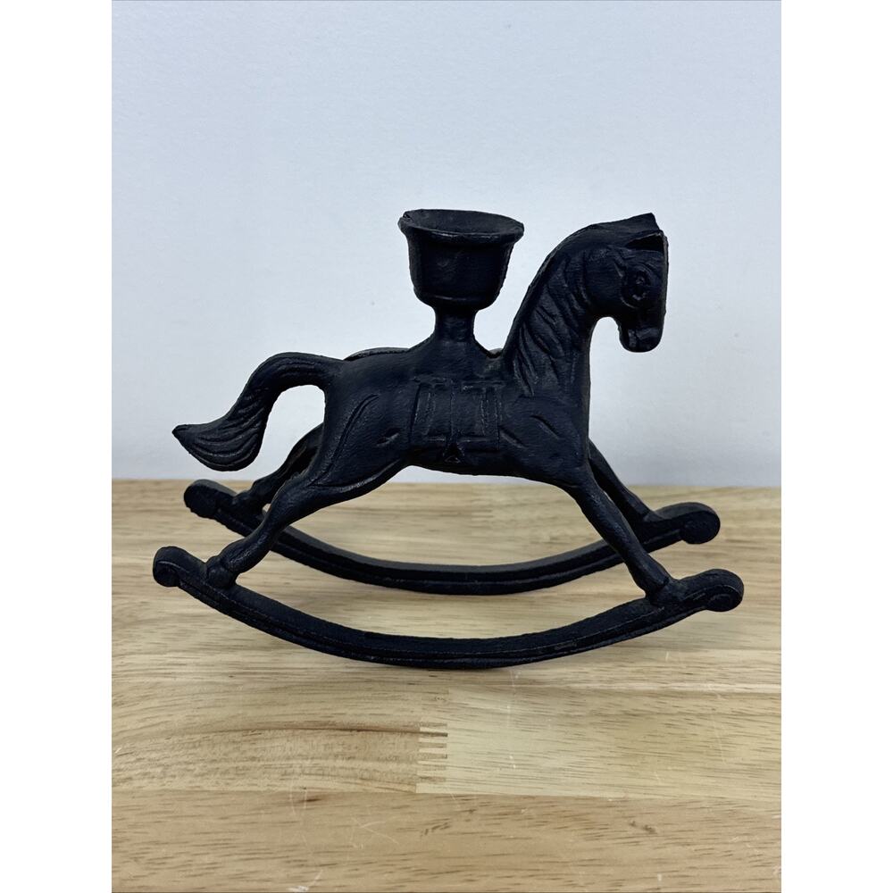 Vintage Black Cast Iron Rocking Horse Candle Holder 4”